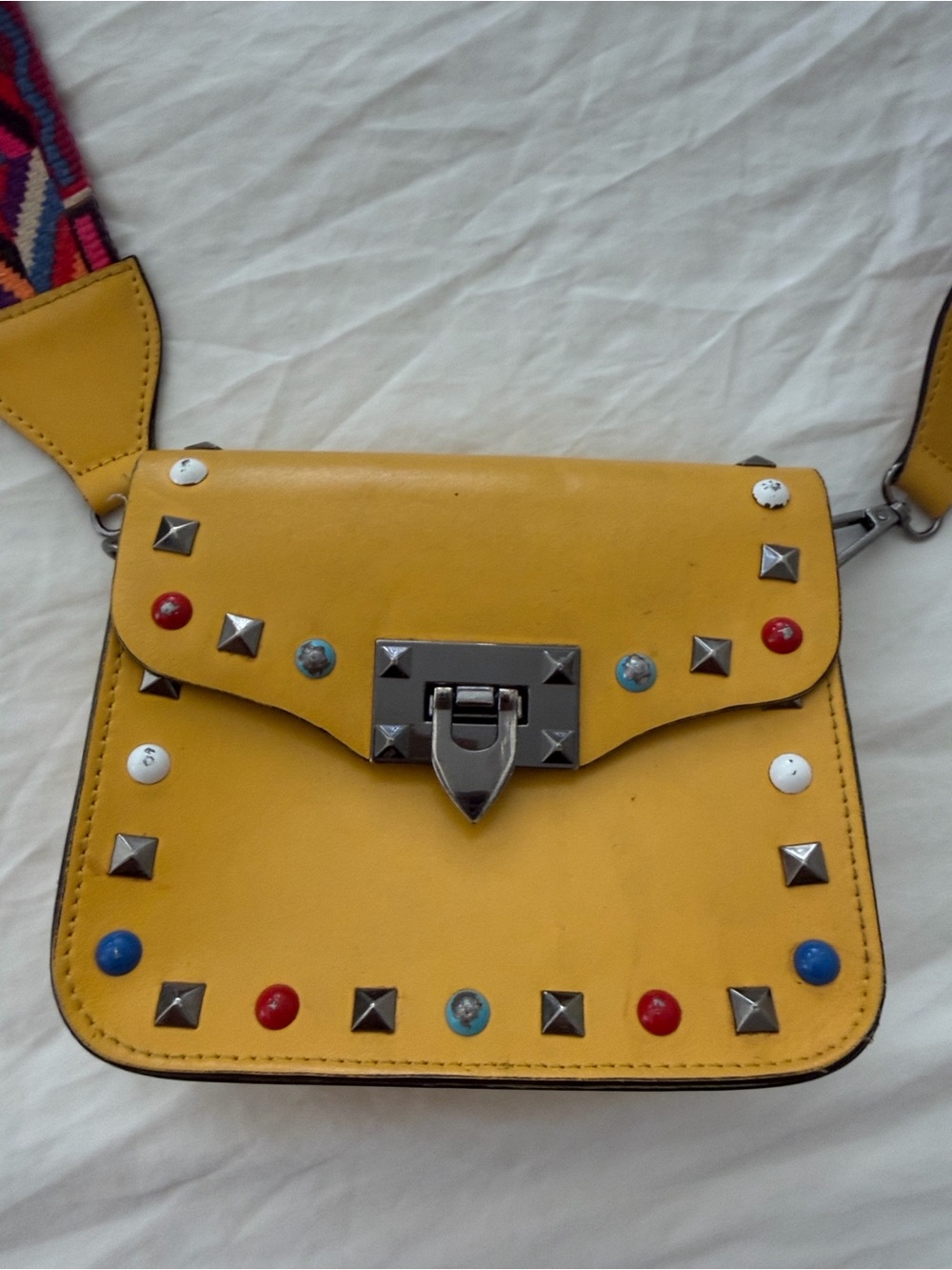 Genuine Leather Studded Crossbody Bag Guitar Strap Mustard Yellow Boho - Picture 5 of 9